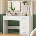 Vanity Desk with Mirror & Lights, Makeup Vanity with 5 Drawers & Storage Shelves, White Vanity Table, 3 Color Modes &