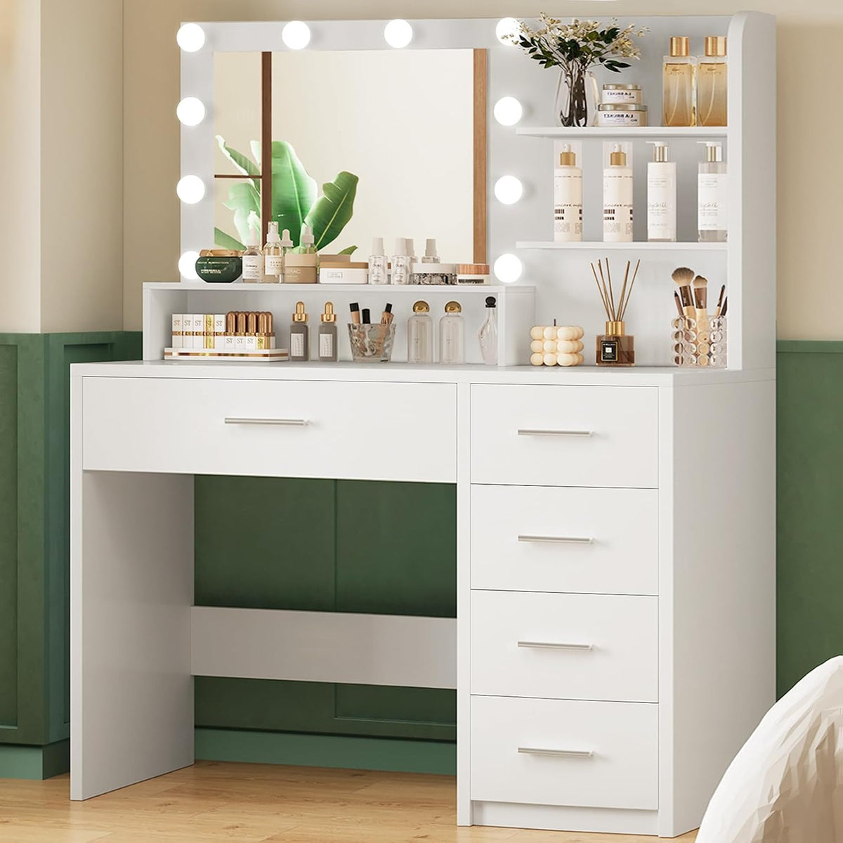 Vanity Desk with Mirror & Lights, Makeup Vanity with 5 Drawers & Storage Shelves, White Vanity Table, 3 Color Modes &