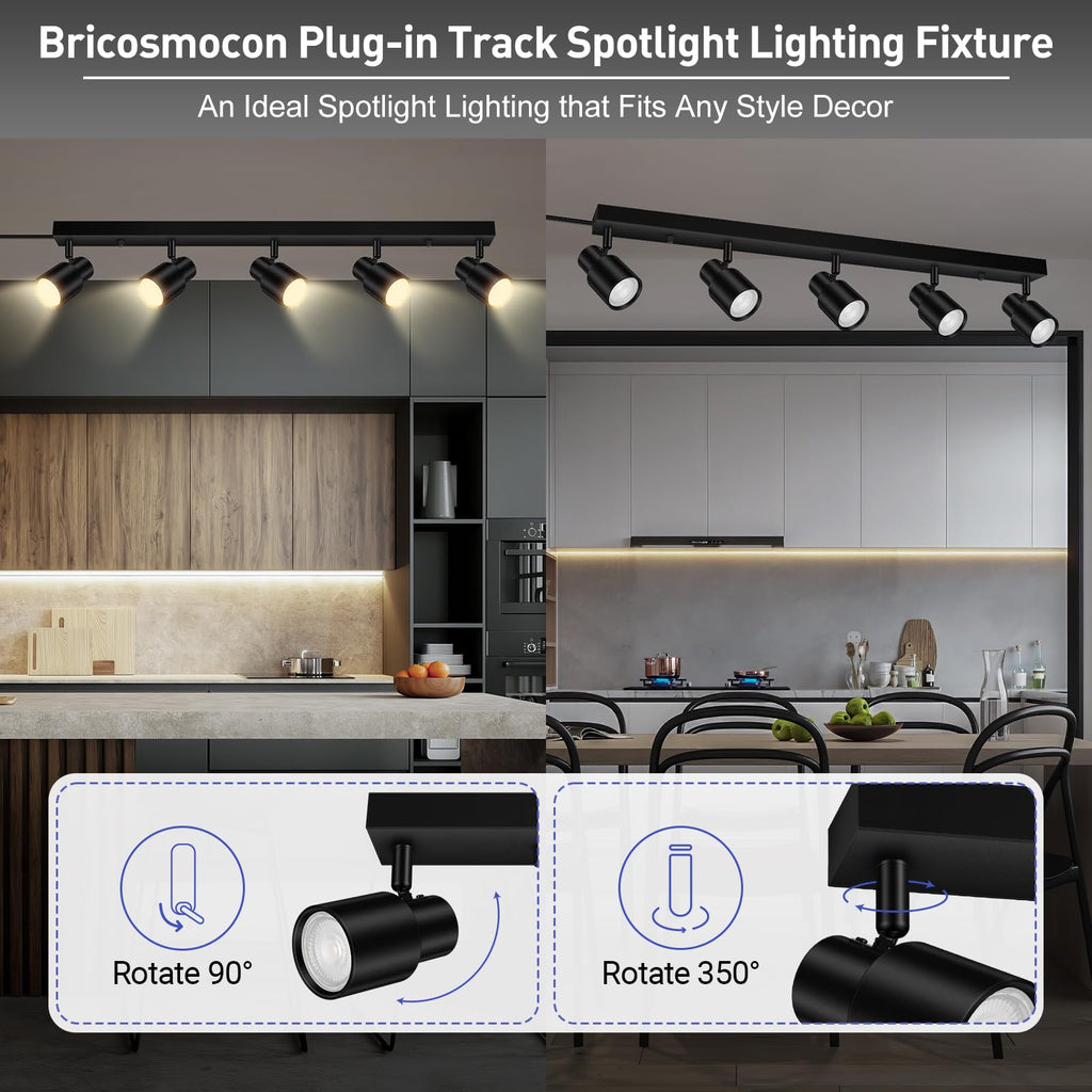 Plug in Track Lighting, 30" LED Track Light Fixtures Ceiling, Black 5 Way Ceiling Lights, 15FT Cord, Rotatable Light
