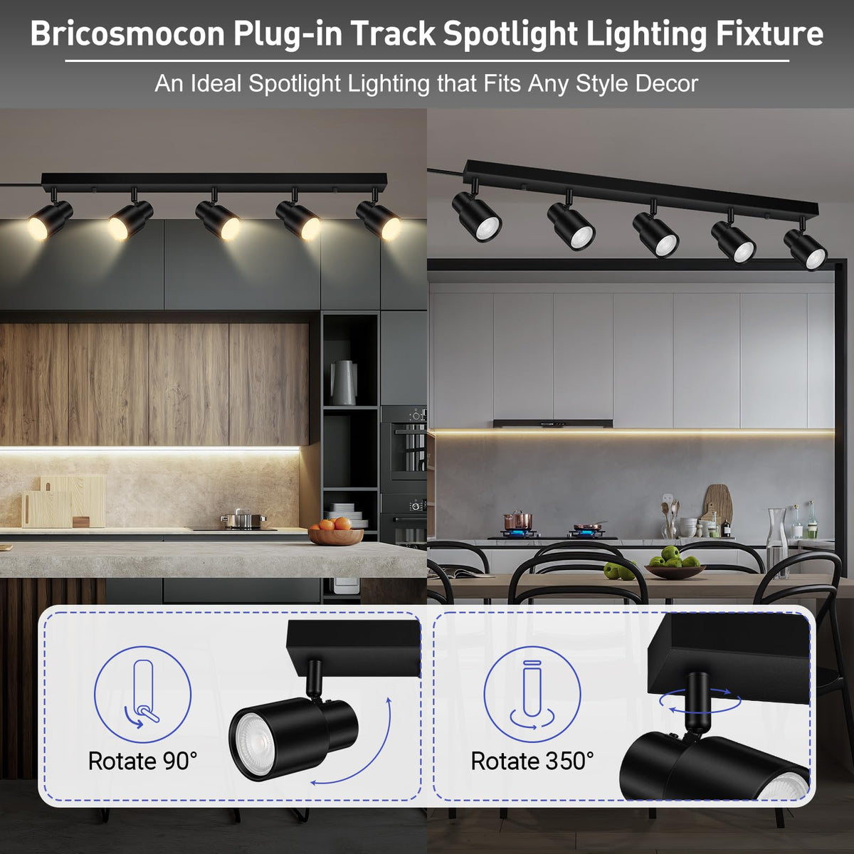 Plug in Track Lighting, 30" LED Track Light Fixtures Ceiling, Black 5 Way Ceiling Lights, 15FT Cord, Rotatable Light