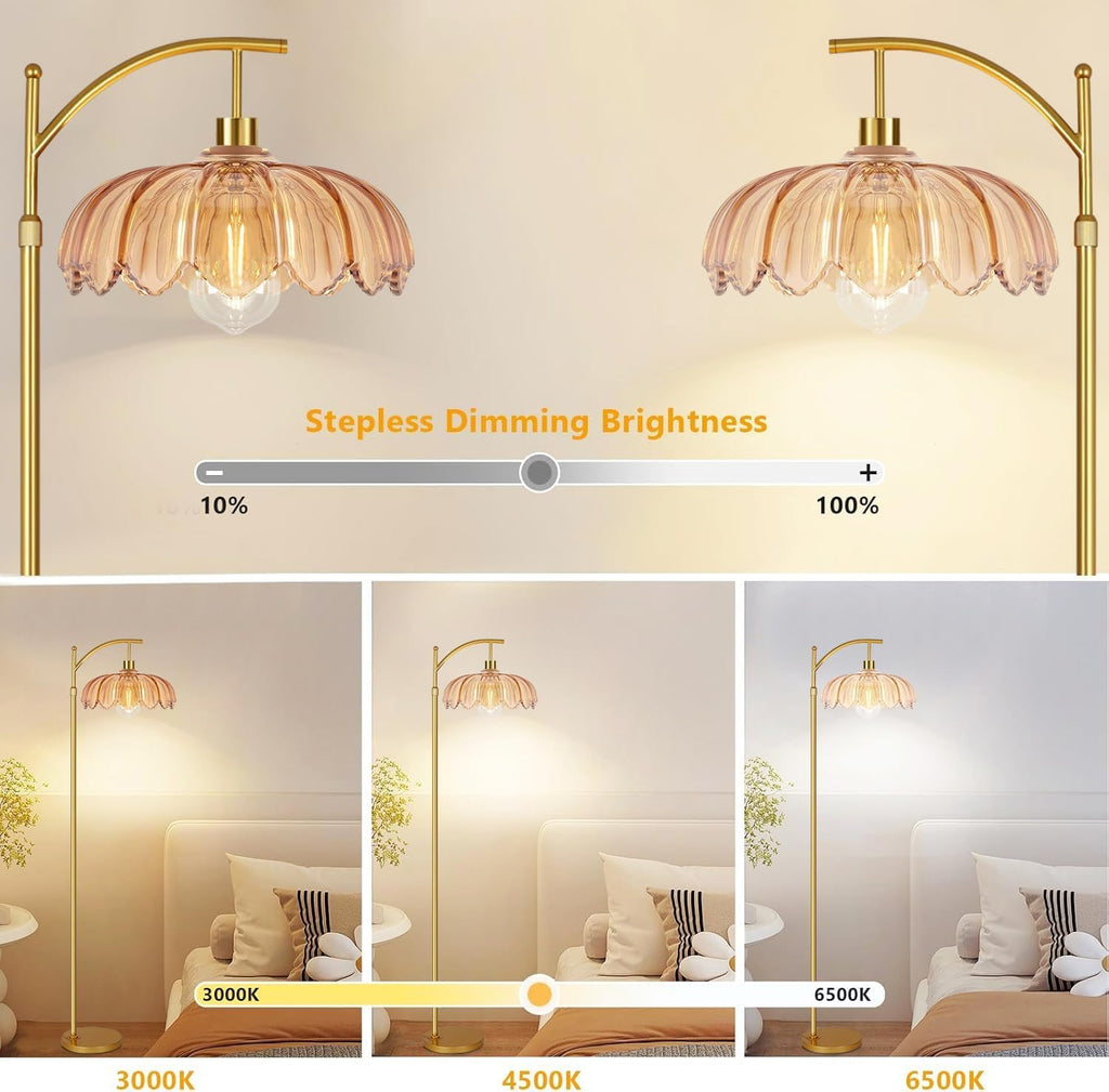 Arc Floor Lamp Gold Floor Lamp with Remote Control,Dimmable Floor Lamps With Glass Lampshades,Mid Century Modern