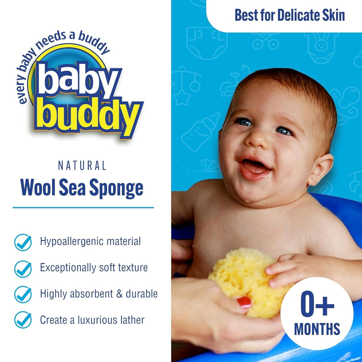 Buddy Natural Bath Sponge, Ultra-Soft Sea Wool, Gentle on Baby's Skin, Hypoallergenic, Biodegradable, 3-Pack, 4in for