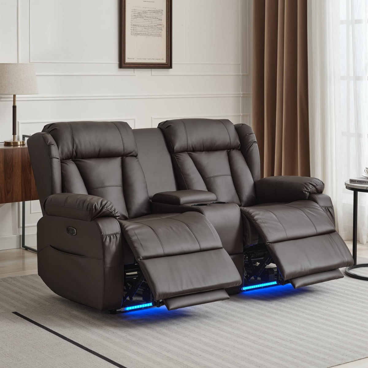 Power Loveseat Recliner Sofa, Home Theater Seating with Console，Reclining Loveseat Sofa RV Couch with LED Lights