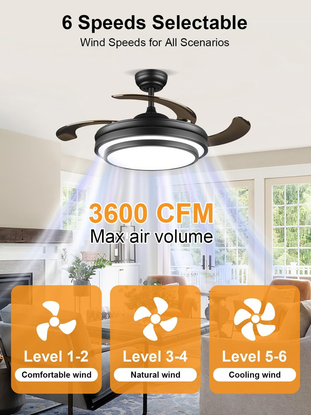 48" Black Chandelier Retractable Ceiling Fan with Light & Remote