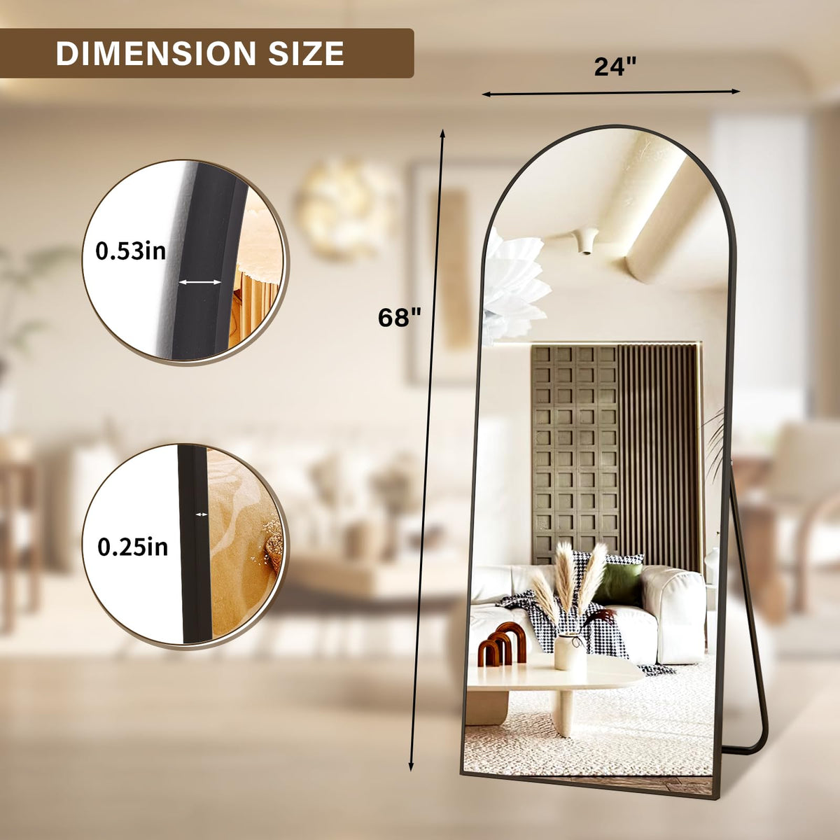 24x68 Black Arched Full Length Mirror Floor Mirror with Metal Frame