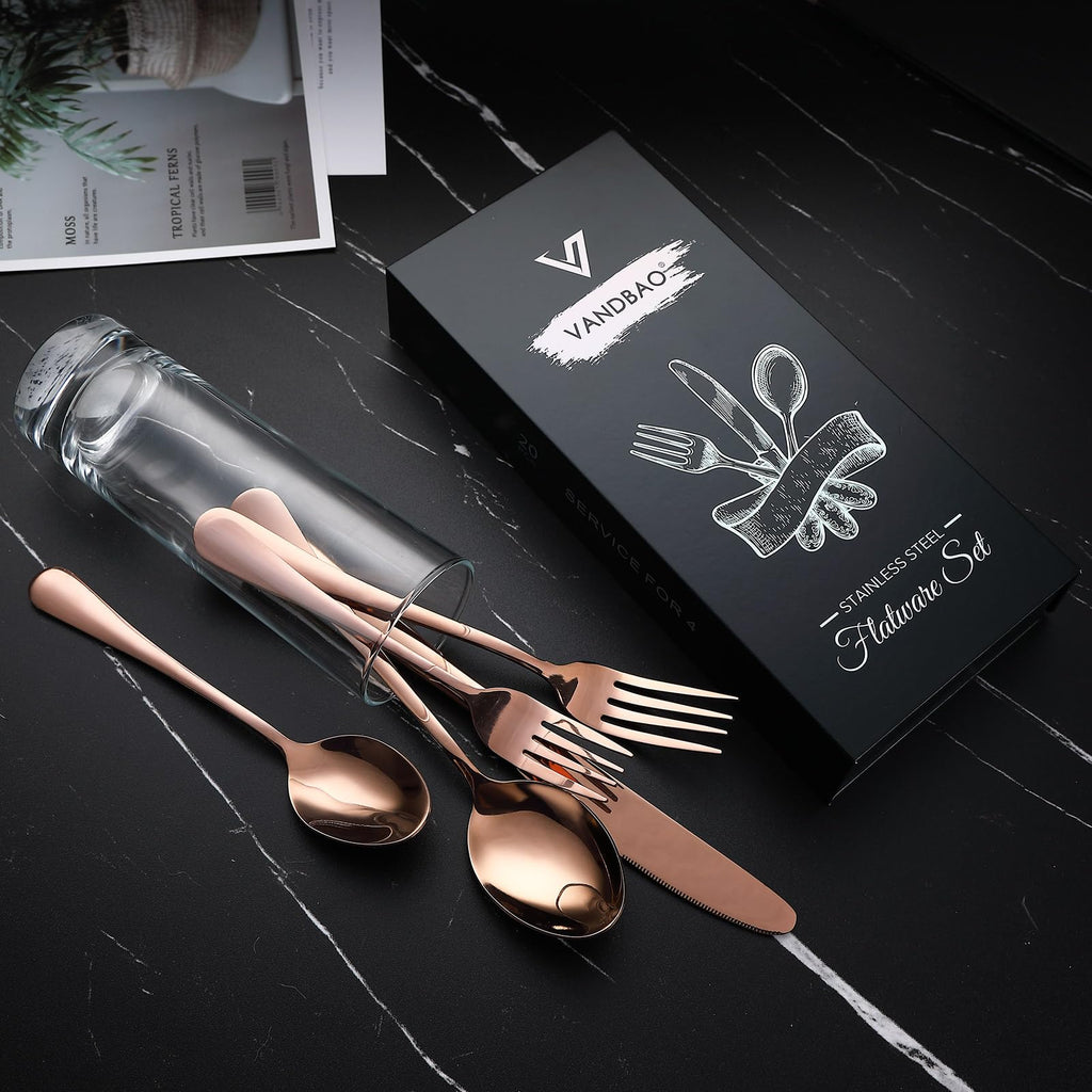 Coppery Flatware Cutlery Silverware Set 20 Pieces, Stainless Steel Colorful Utensils, Tableware Set Service for 4