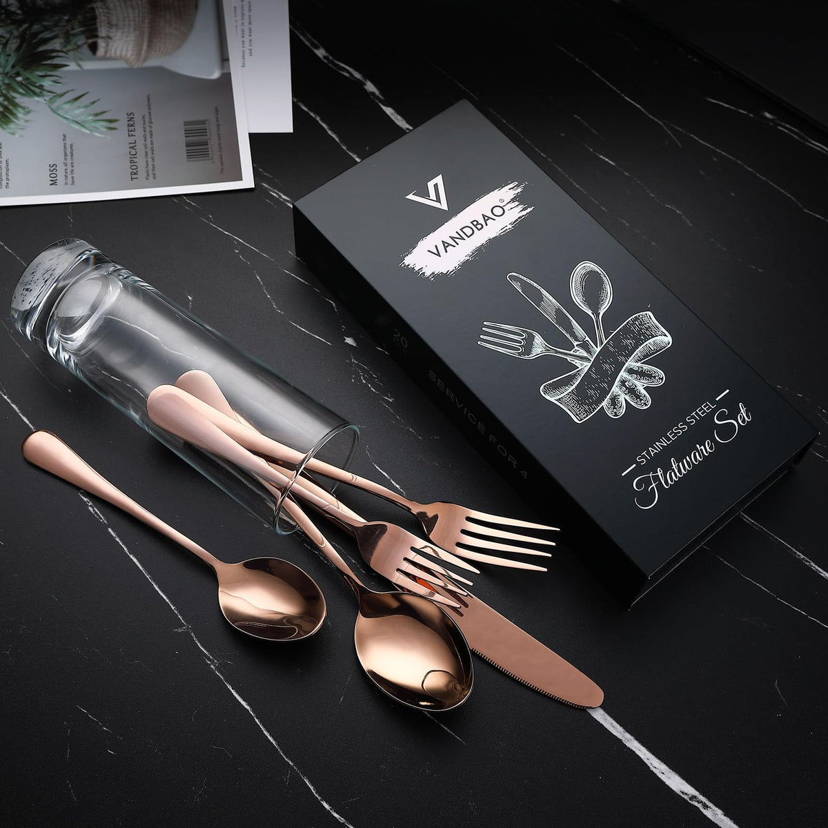 Coppery Flatware Cutlery Silverware Set 20 Pieces, Stainless Steel Colorful Utensils, Tableware Set Service for 4