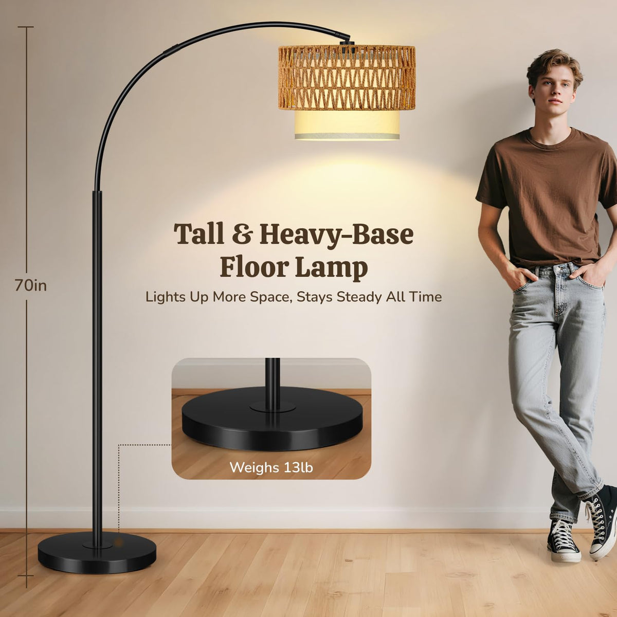 Arc Floor Lamp, Rattan Boho Floor Lamp with Remote Control, Black Standing Lamp with 3 Color Temperatures & Dimmable