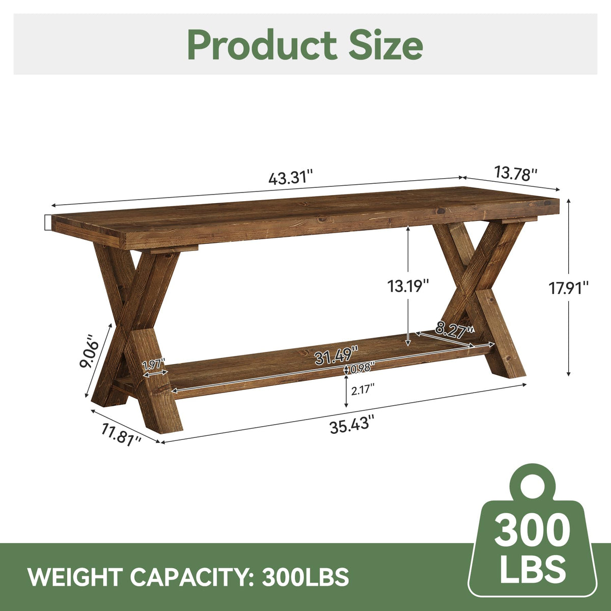 43.3" Solid Wood Bench, Farmhouse Wooden Entryway Bench with Storage Shelf, X-Shaped Leg Design, Entry Way Shoe