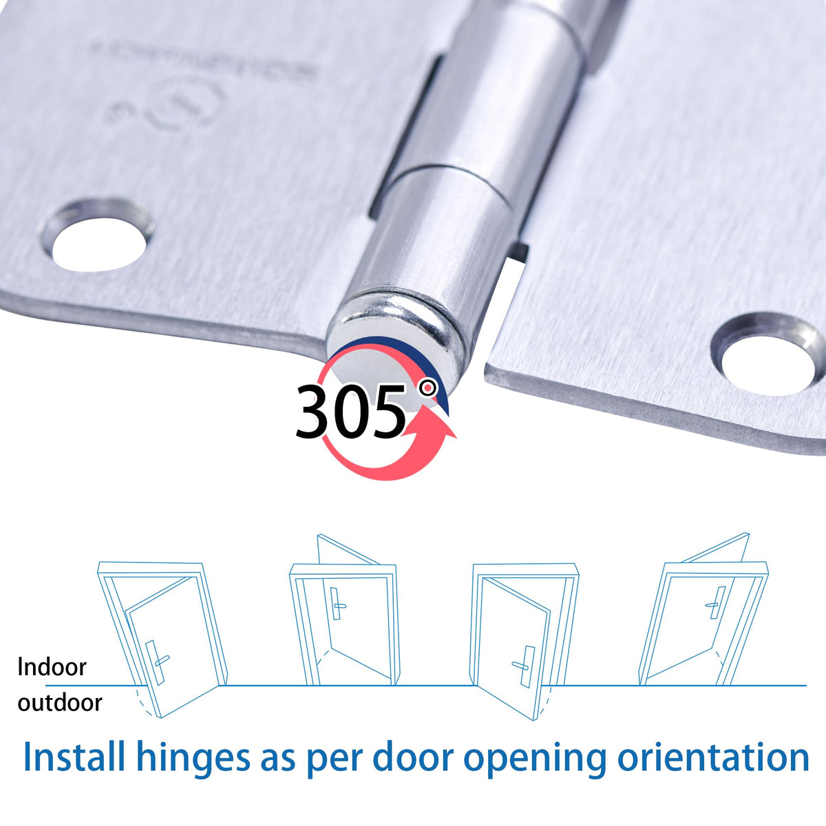 Door Hinge 3 1/2 Inch Interior Door Hinges Satin Chrome 3.5 Inch Interior Hinges 5/8" Radius Flat Iron Hinge 3 1⁄2"x