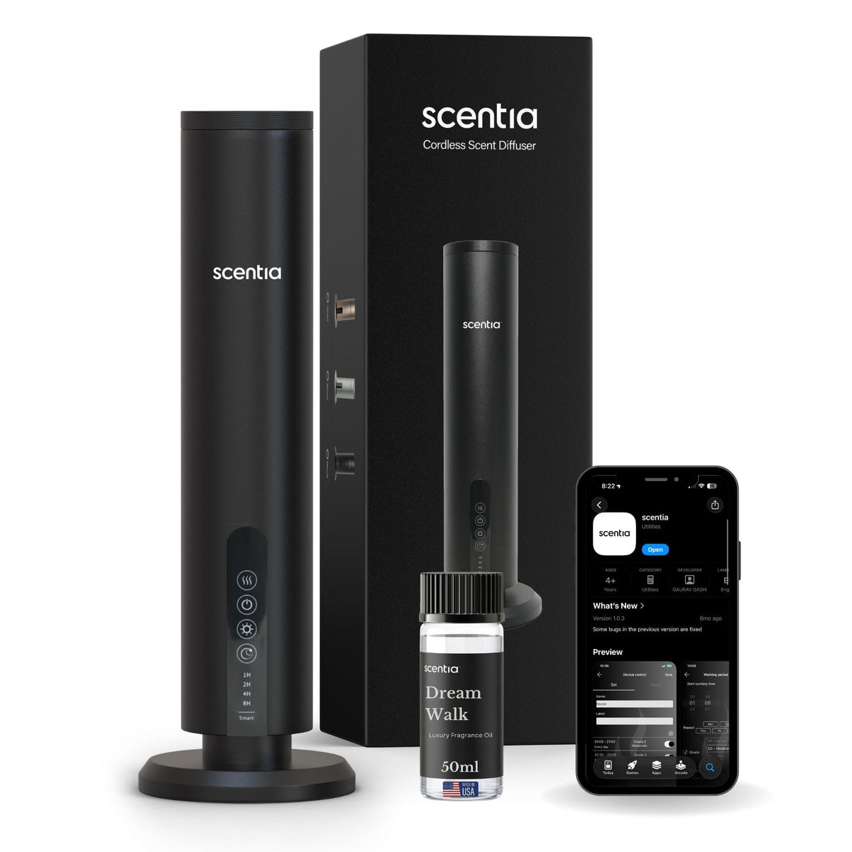 Wireless Waterless Scent Diffuser, App Control, 1500 Sq. Ft Black