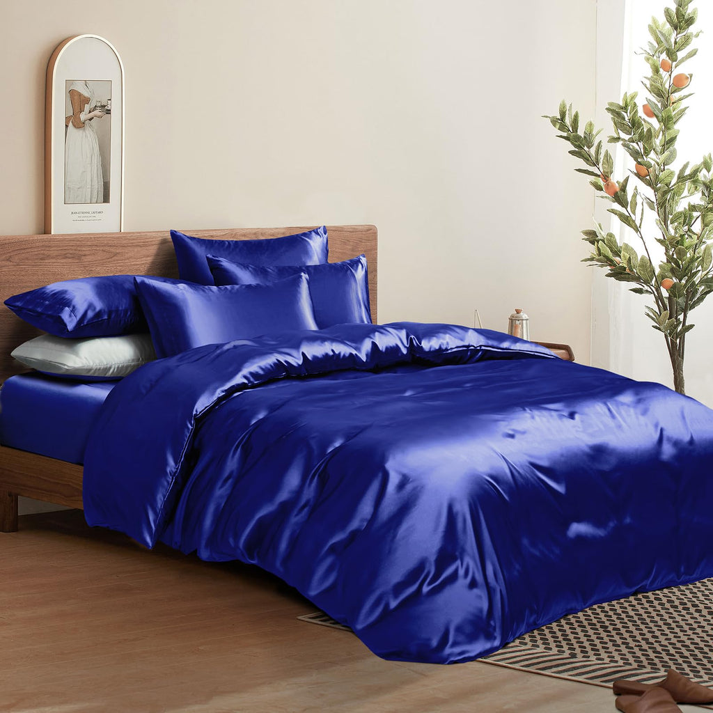 Royal Blue Satin Duvet Cover Set - 6Pc Bed Linen Set with Fitted Sheet & 4 Pillowcases