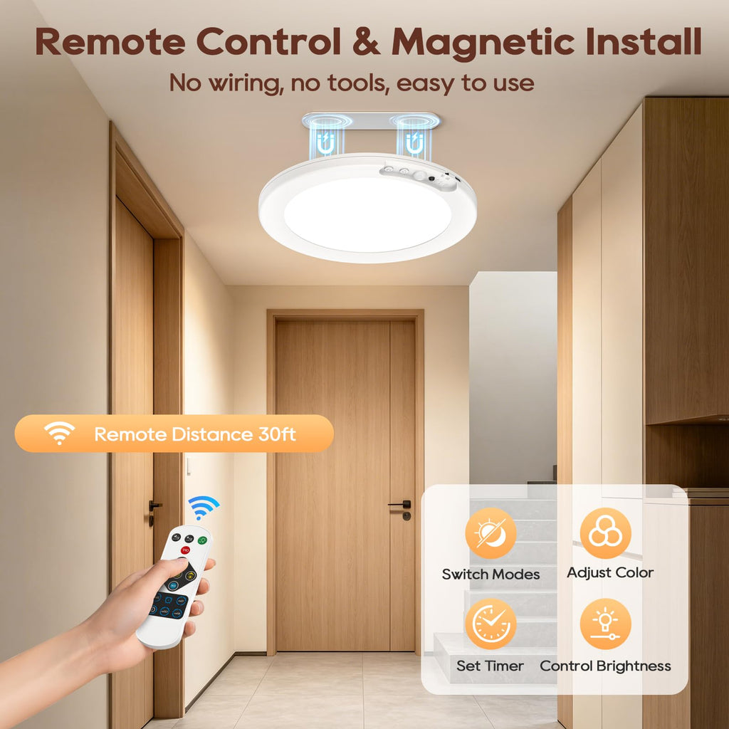 Rechargeable Motion Sensor Ceiling Light, 6 Color Battery Operated Ceiling Lights with Remote, Magnetic Wireless
