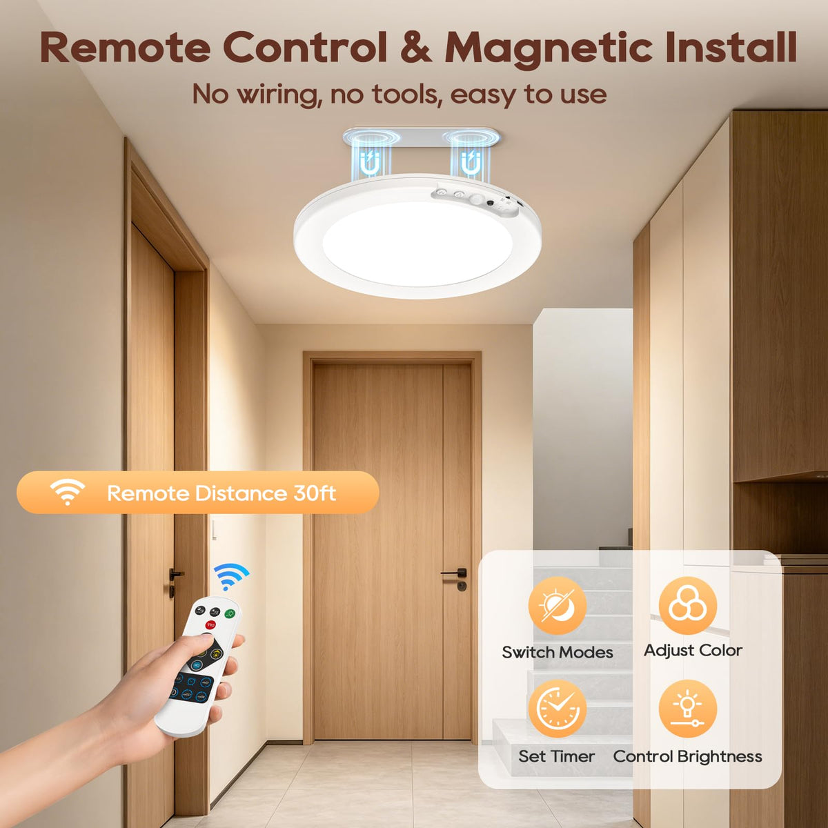 Rechargeable Motion Sensor Ceiling Light, 6 Color Battery Operated Ceiling Lights with Remote, Magnetic Wireless