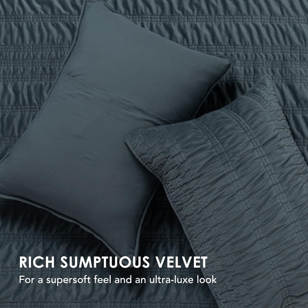 Luxury Ruched Velvet Quilt Set, Stormy Blue