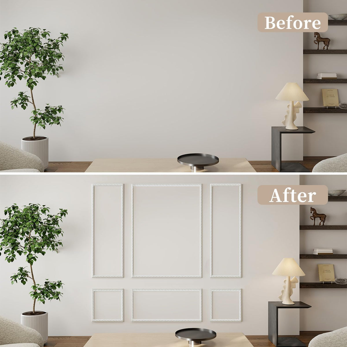 Peel and Stick Wall Molding Kit, 6 Pre-Cut Wainscoting Panels, White