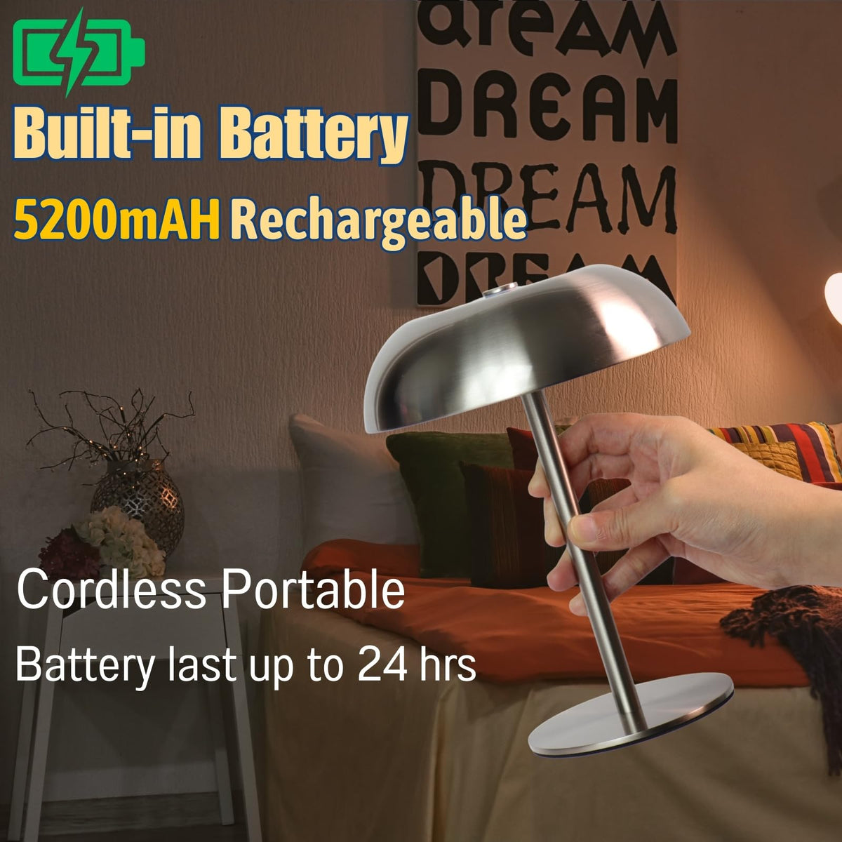Cordless LED Mushroom Table Lamp, 5200mAh Battery, Dimmable 3 Color, Silver