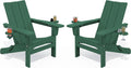 Modern Folding Adirondack Chairs Set of 2, HDPE, Cup Holders, Green | Outdoor All-Weather Lawn Adirondack Chairs Wood