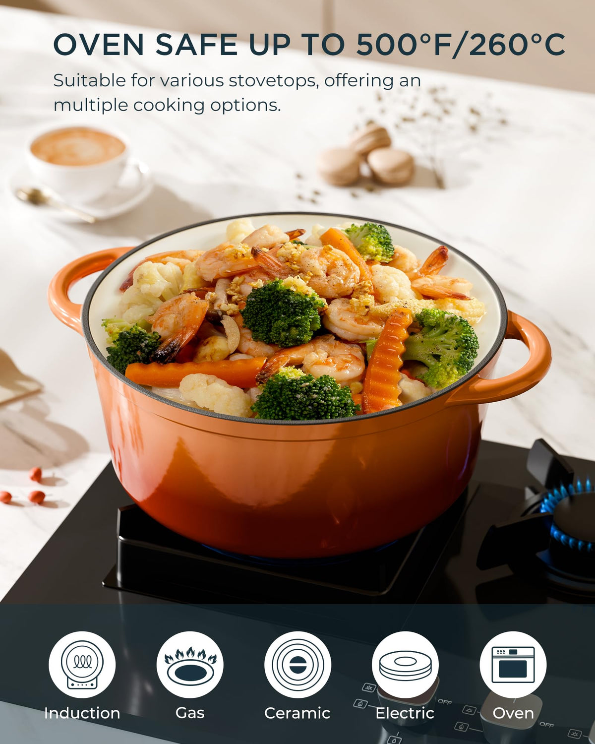 Enameled Cast Iron Dutch Oven, 6QT Pot with Lid, Vibrant Orange