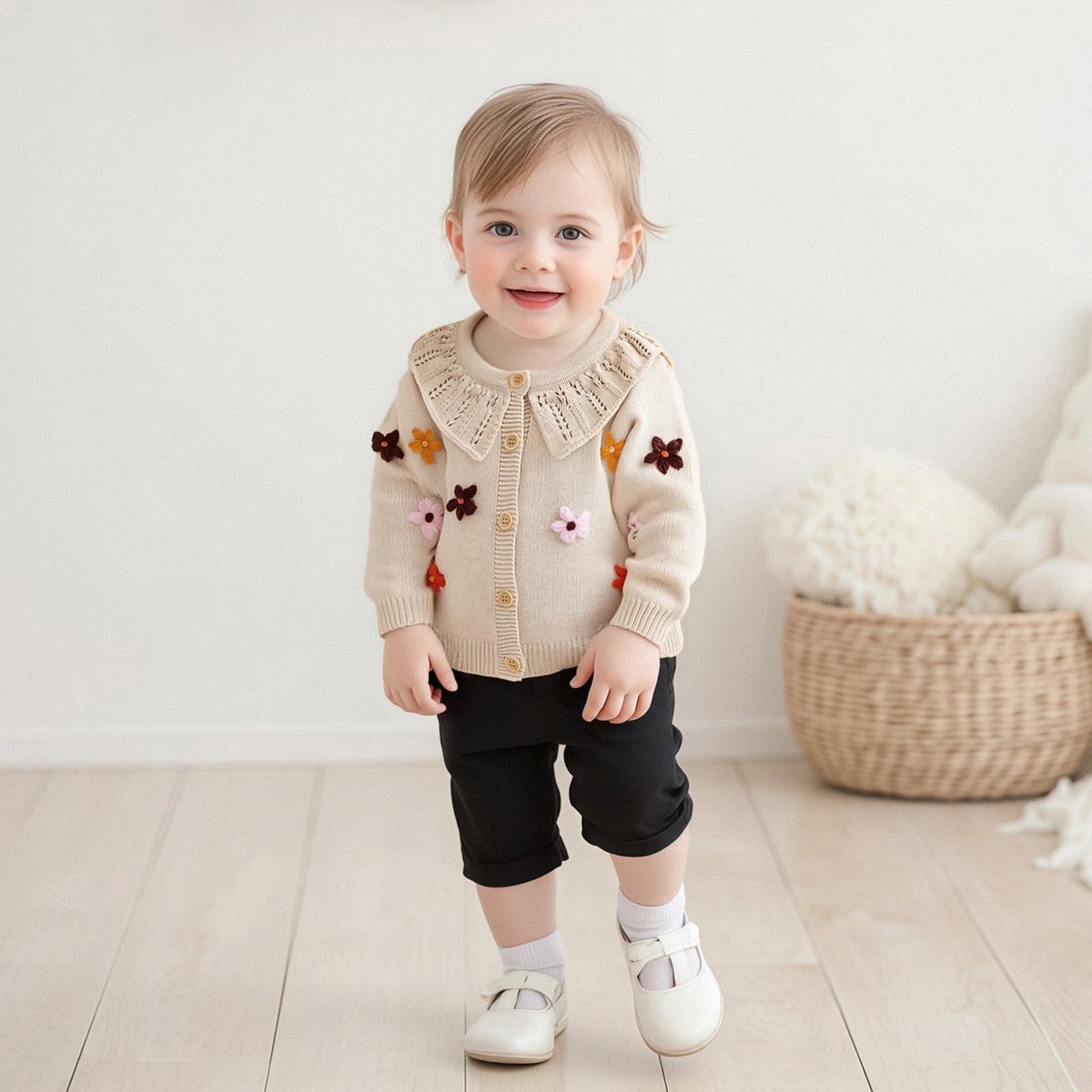 Toddler Girl Cardigan Sweater Floral Button Up Lapel Chunky Sweaters Blouse Jacket Infant Baby Knitted Clothes