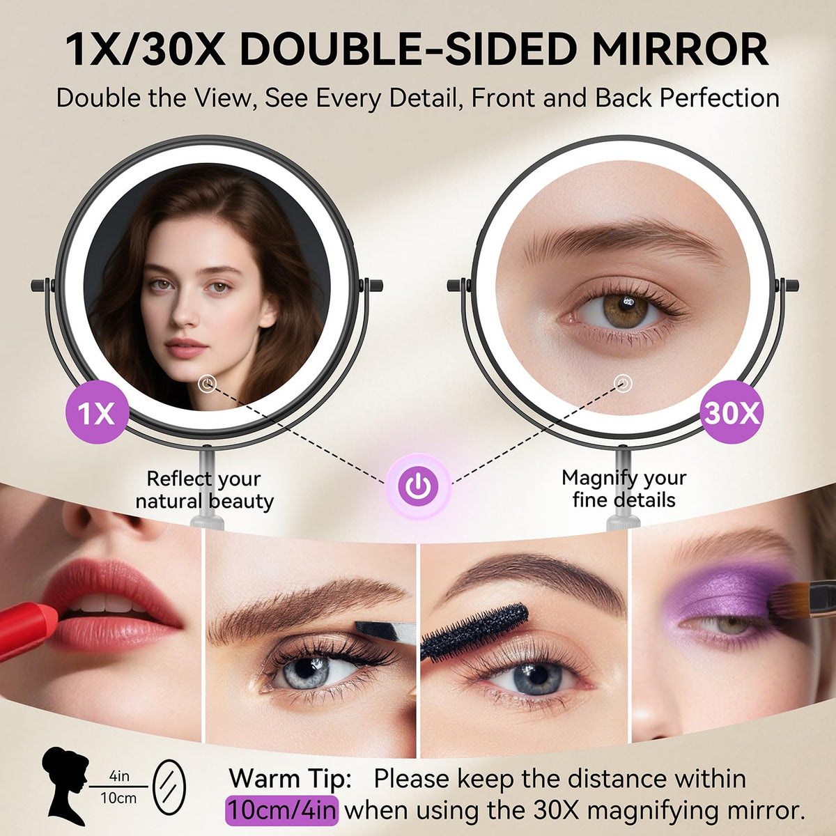 9" 1X/30X Lighted Makeup Mirror, Rechargeable Maginfying Mirror