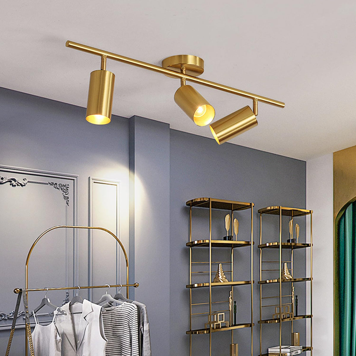 Gold 3-Lights Track Lighting Brushed Brass Ceiling Spotlight Light