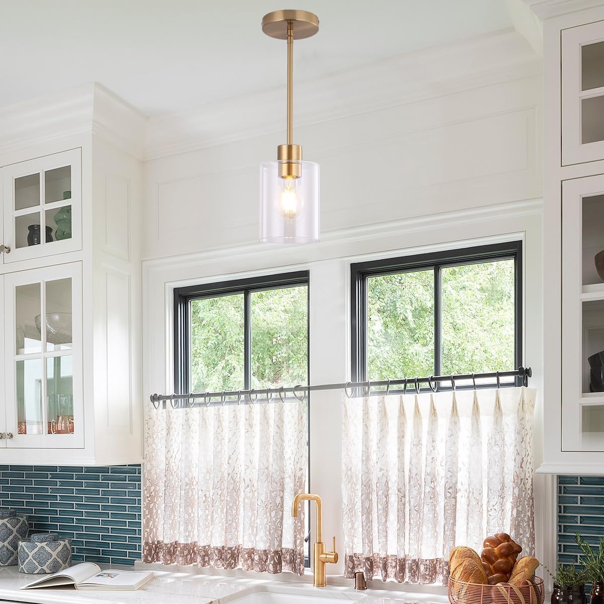 Brass Pendant Lights Kitchen Island - Gold Clear Glass Pendant Light Fixture Multiple Stems Rods 3 Units 12 Inch 3