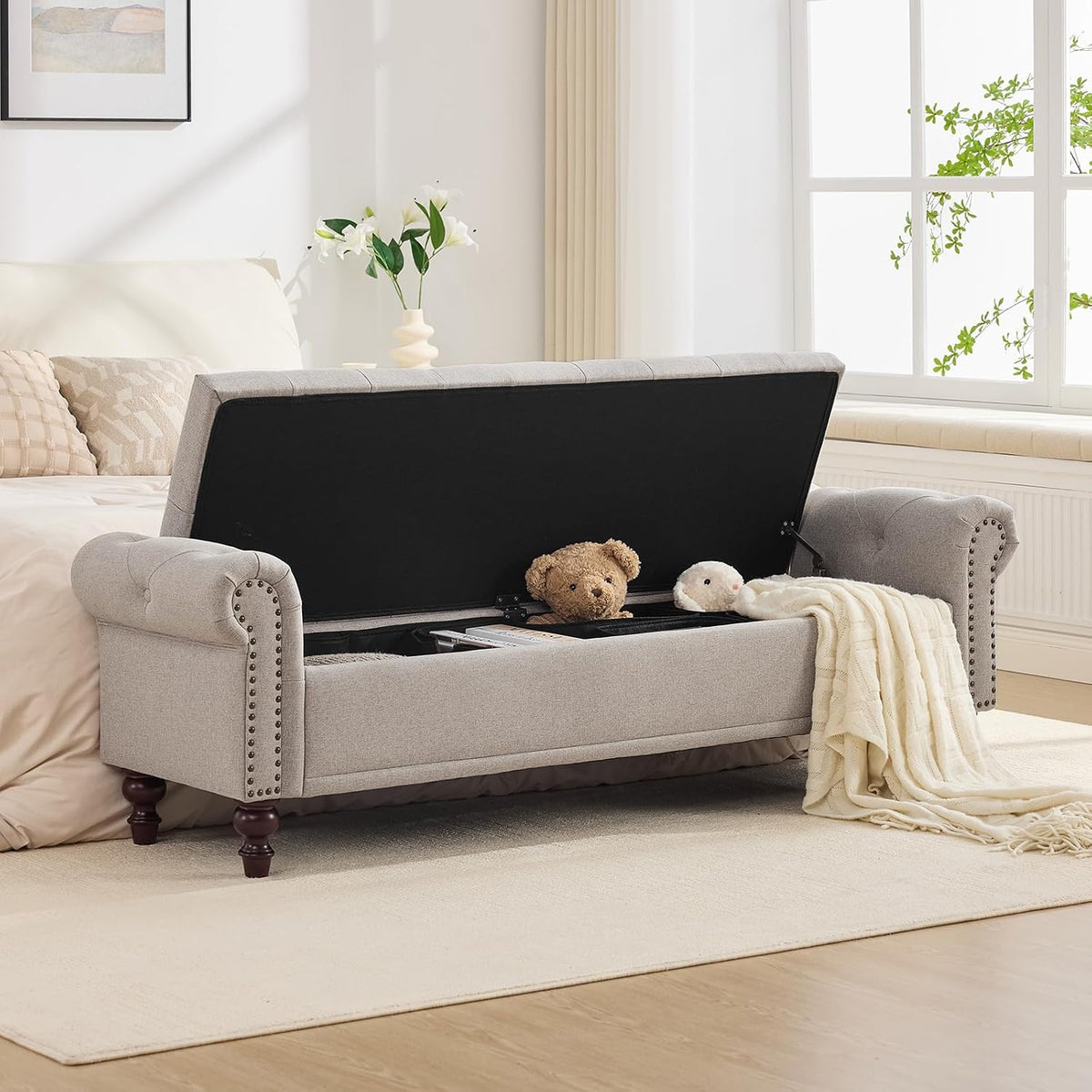 67" Storage Bench , Linen Upholstered, Light Brown | King Size End of Bedroom Bed Bench Ottoman with Tufted Cushioned