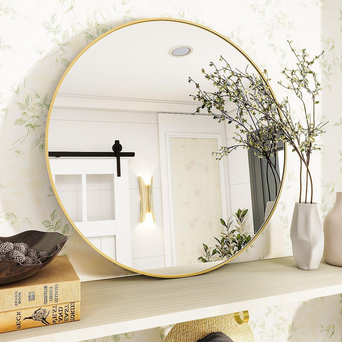 Gold Round Bathroom Mirror 24", Thin Metal Frame Wall Mirror