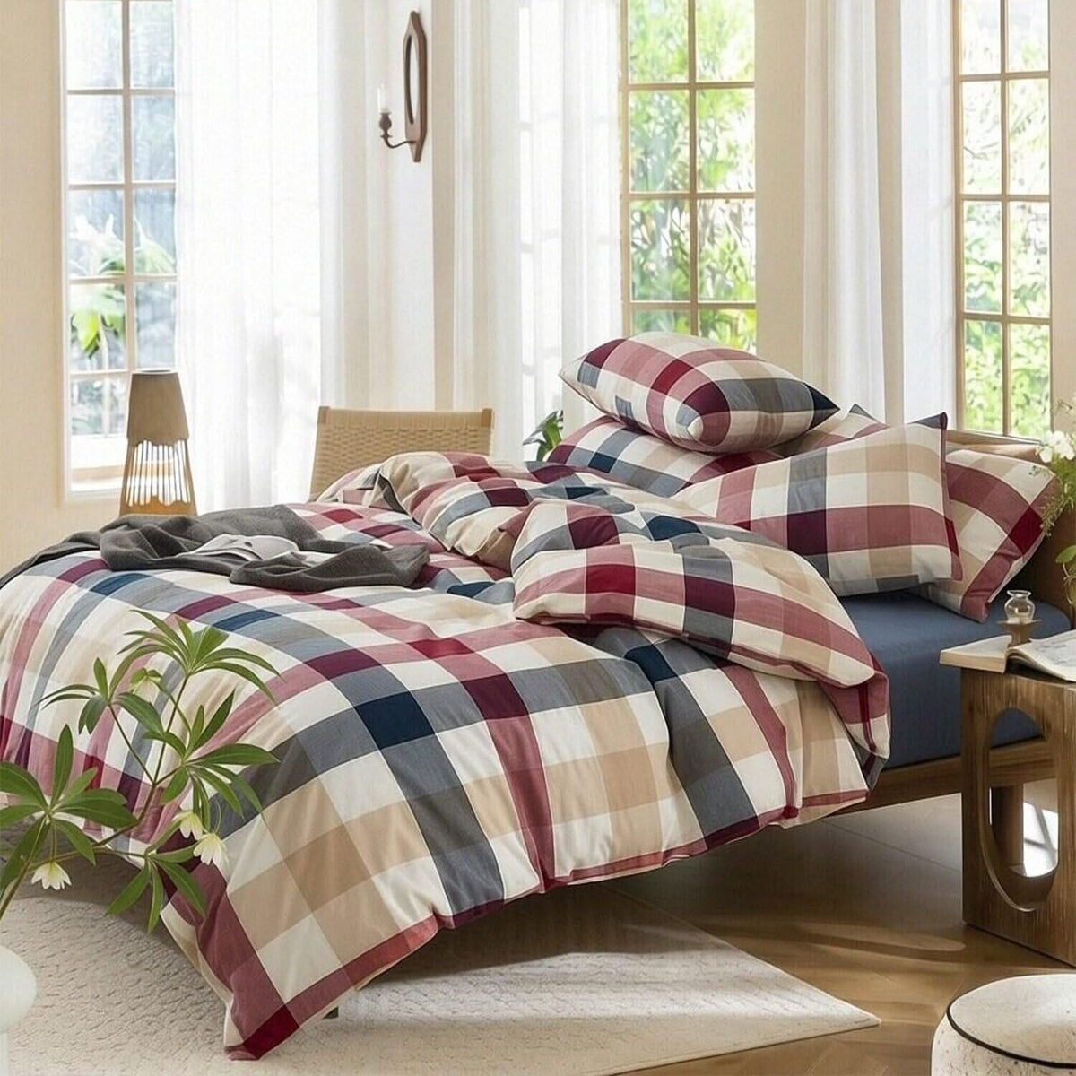 Buffalo Plaid Duvet Cover Set 3 Piece 100% Washed Cotton Linen Feel Farmhouse Bedding Comfy Breathable (Red Blue