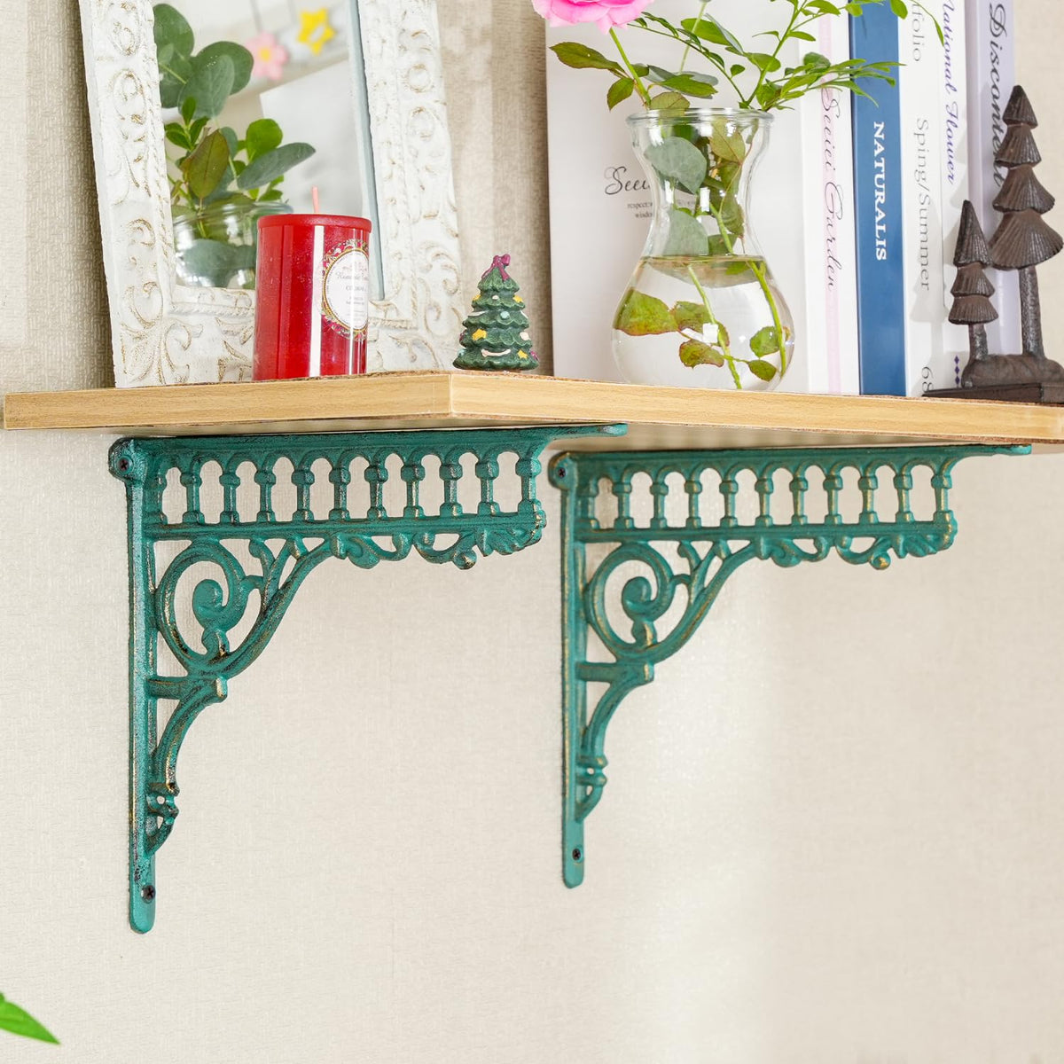 10.6 Inch Cast Iron Brackets for Shelves - 2 Pack Vintage Green