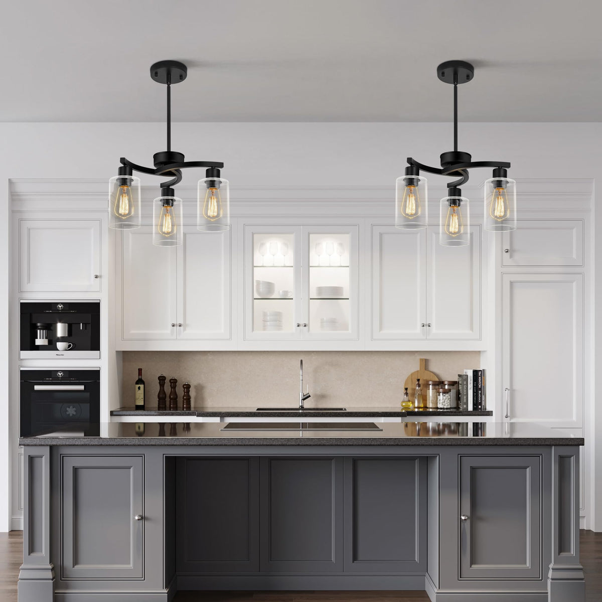 Modern Farmhouse Black Pendant Lights Kitchen Island, Adjustable Height Contemporary Chandeliers Light