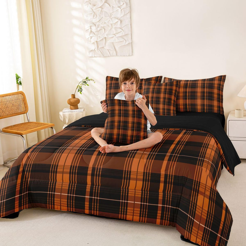 7 Piece Farmhouse Plaid Comforter Set Black Burnt Orange Classic Gingham Bedding Sets for Adults Men Women