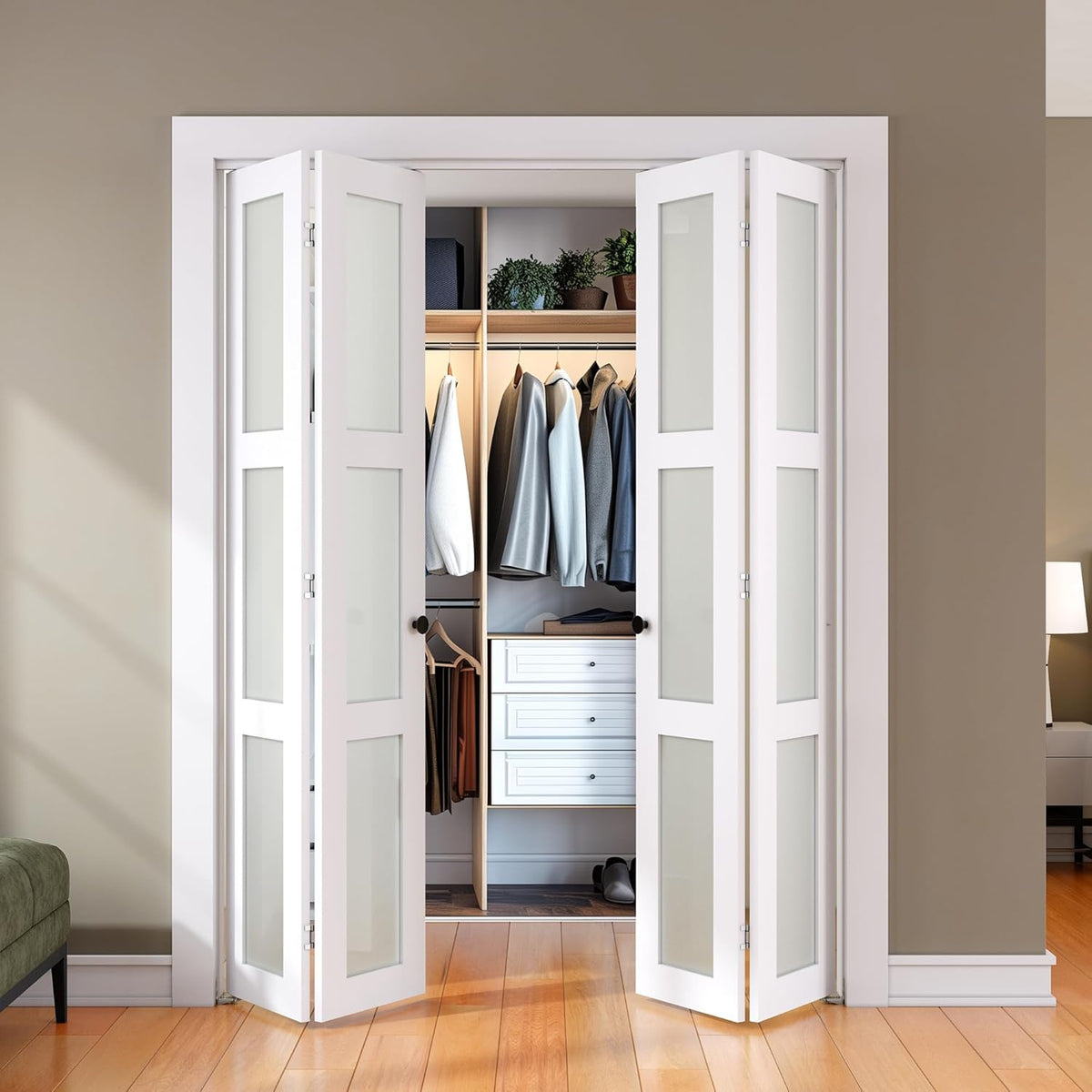 Bifold Door, for 64"x 80" Opening,Tempered Frosted Glass Closet Folding Barn Door with Hardware Kit, Water-Proof PVC