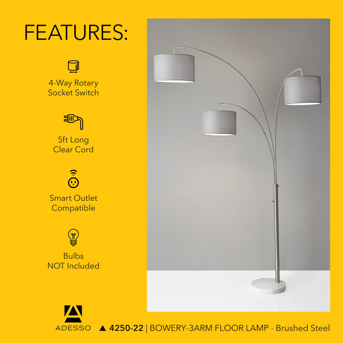 Inspired Arco Style 4250-22 Bowery 3-Arm Arc Lamp, 74 in, 3 x 100W Incandescent/26W CFL, Brushed Steel Finish, 1 Floor Lamp, Grey