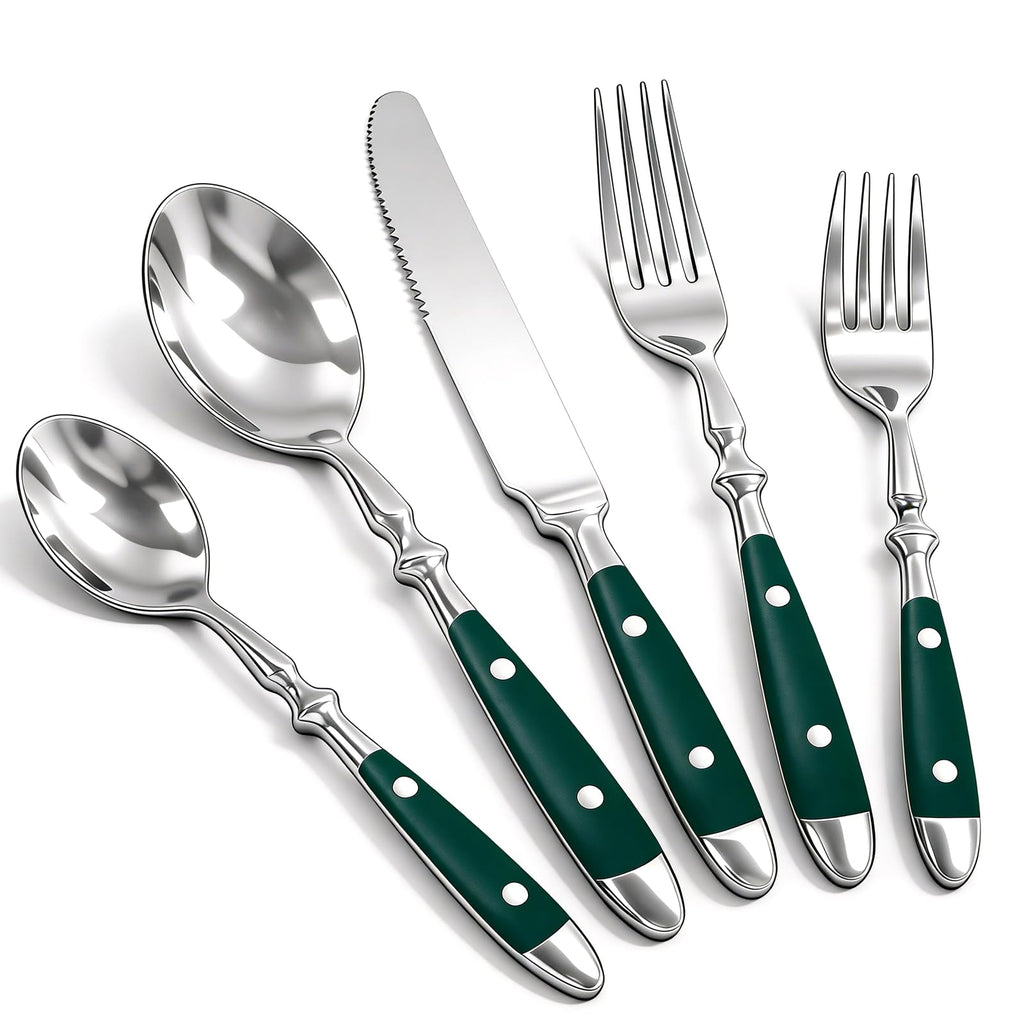 Vintage Silverware Set Service for 4, Flatware Set with Green Bakelite Handle, Stainless Steel Cutlery Set