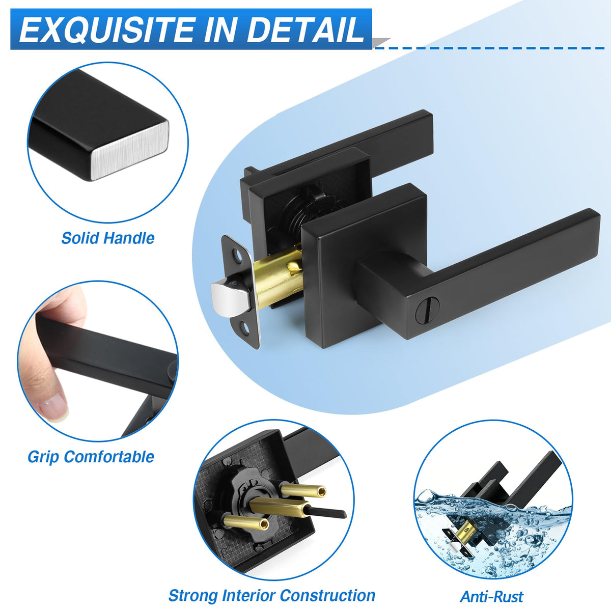 4 Pack Matte Black Door Handles, Keyless Interior Door Knobs, Privacy Door Lever Locksets Bathroom, Heavy Duty Square