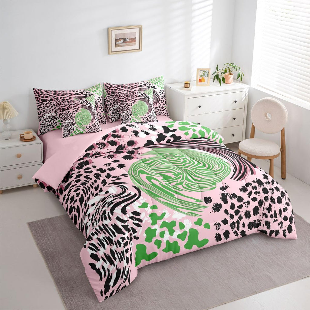 Animal Print Queen Bedding Set Pink Green Black Zebra Leopard Print Comforter Set Girl Women Abstract Swirl 7-Piece