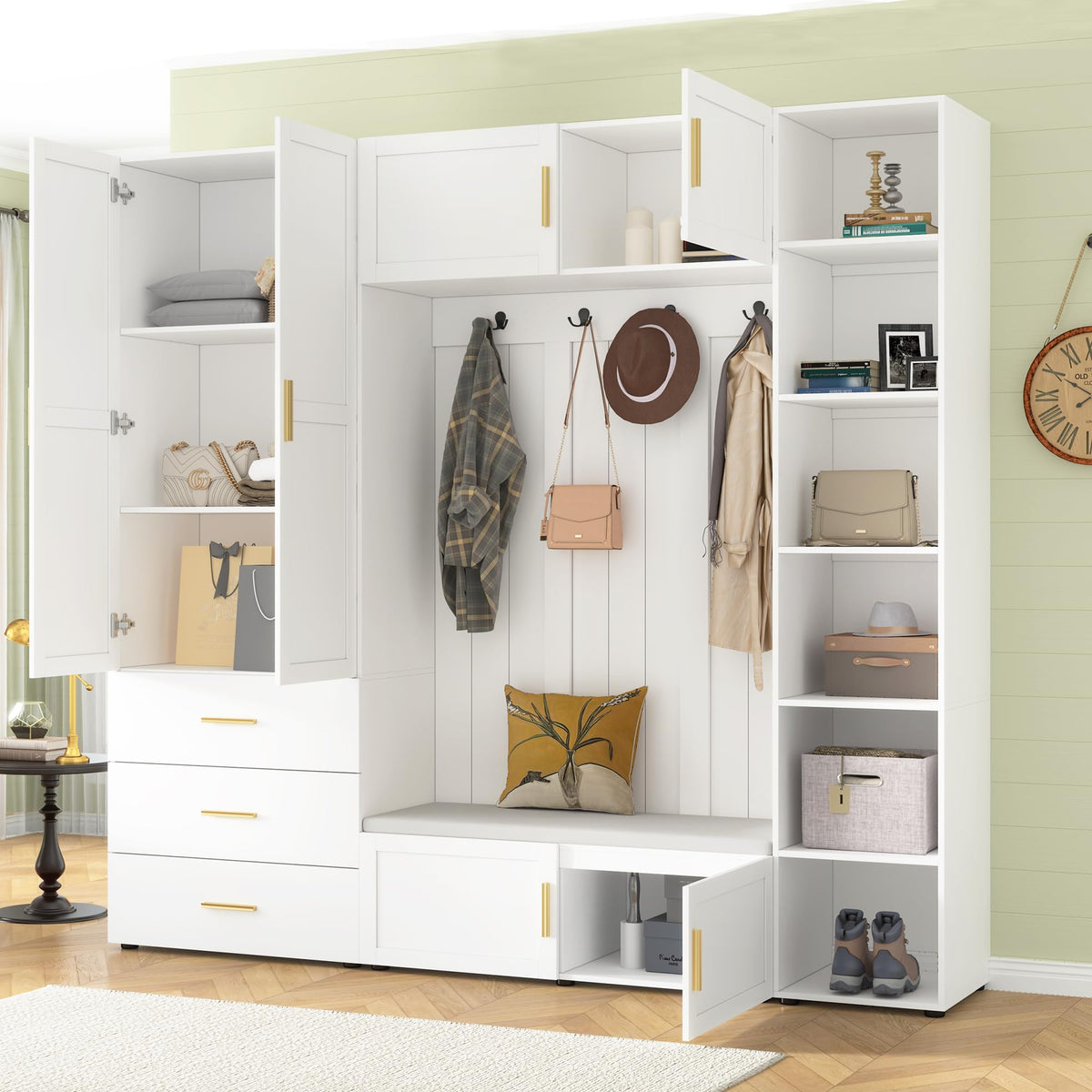 Wide Hall Tree with Cabinet and Bench, Farmhouse Mudroom Storage Organizer with 4 Hooks, and Adjustable Storage