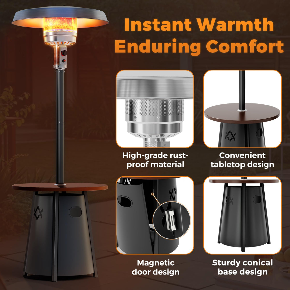 Patio heater, Propane Outdoor Heater with Round Table, Premium 304 Stainless Steel Burner, Triple Protection System,2