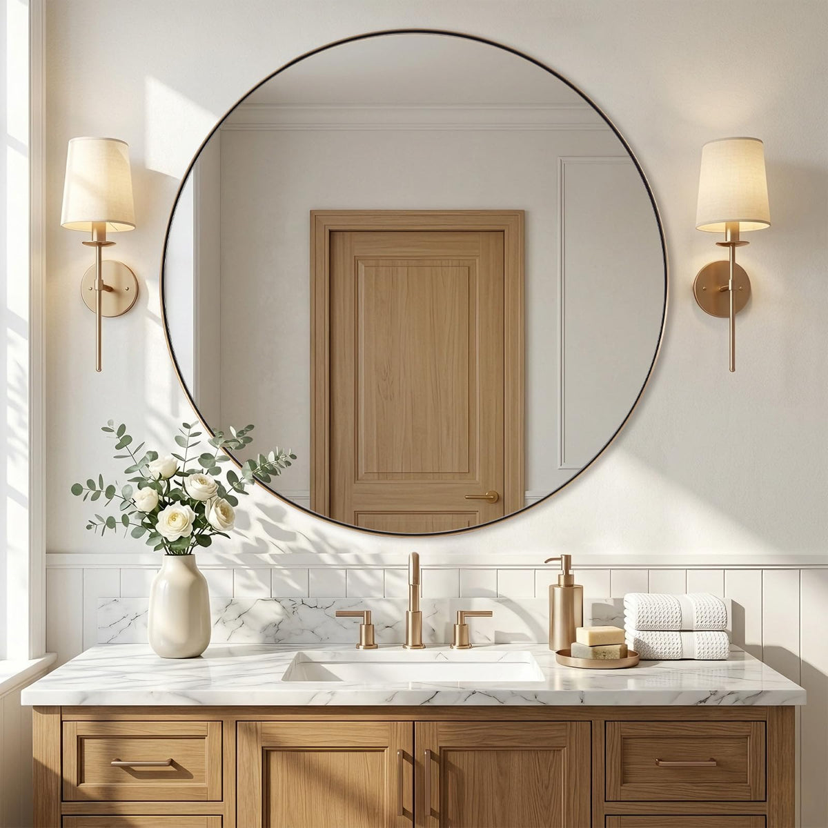 36 Inch Round Mirror, Champagne Bronze Circle Mirror for Wall