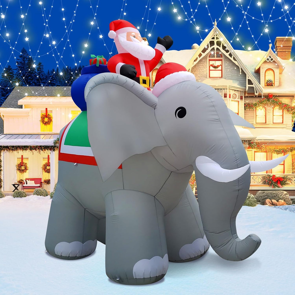 12FT Length X 10.5FT Tall Giant Christmas Inflatables Elephant, Christmas Blow Up Santa on Elephant Inflatable