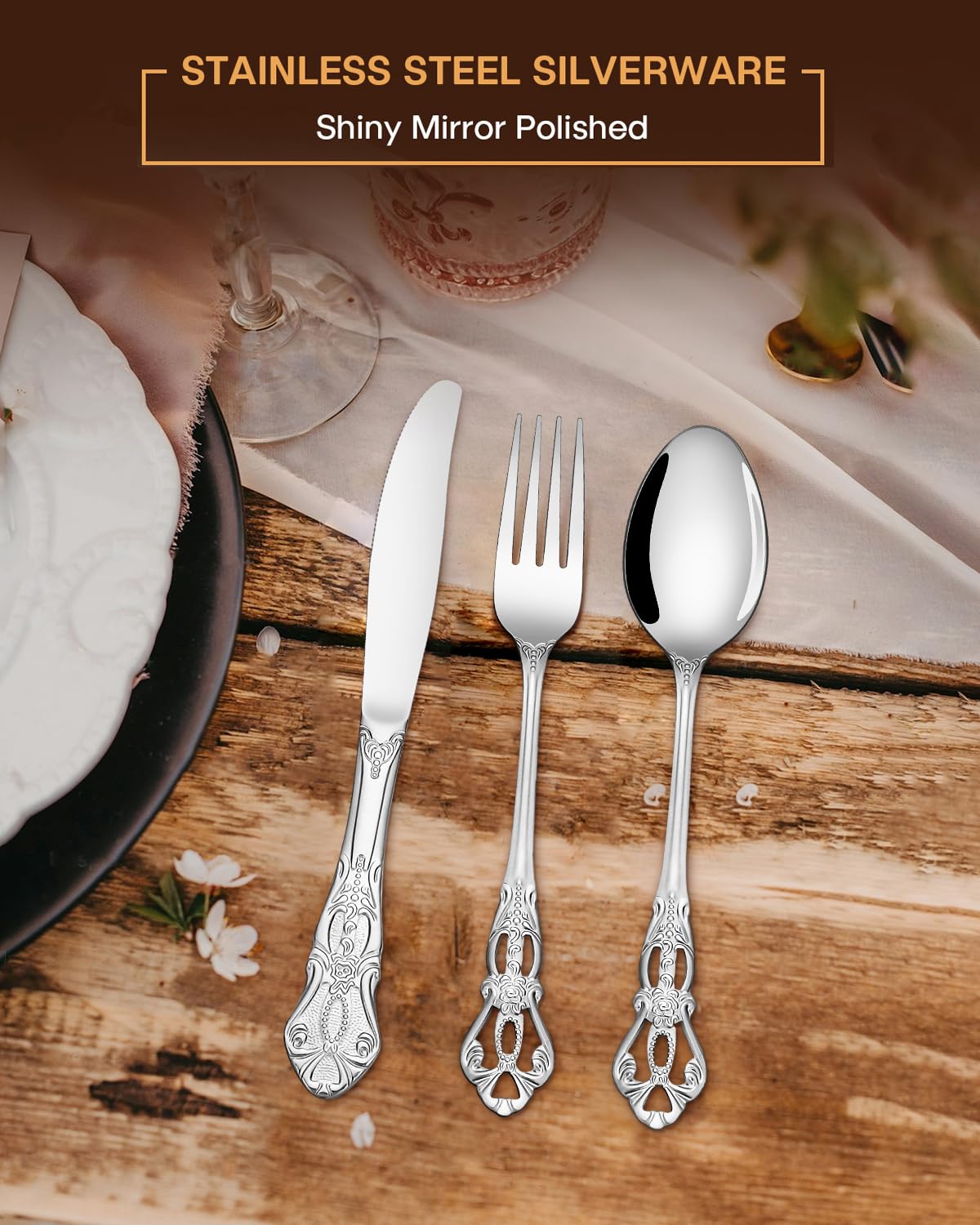 40 Pieces Royal Silverware Set, Retro Flatware Set for 8, Stainless Steel Cutlery Set with Luxury Forks Spoons and