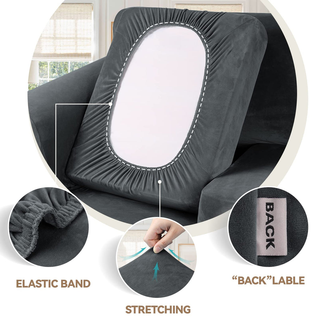 Velvet Stretch 3 Pieces Couch Cover for Sofa Washable, Dark Grey