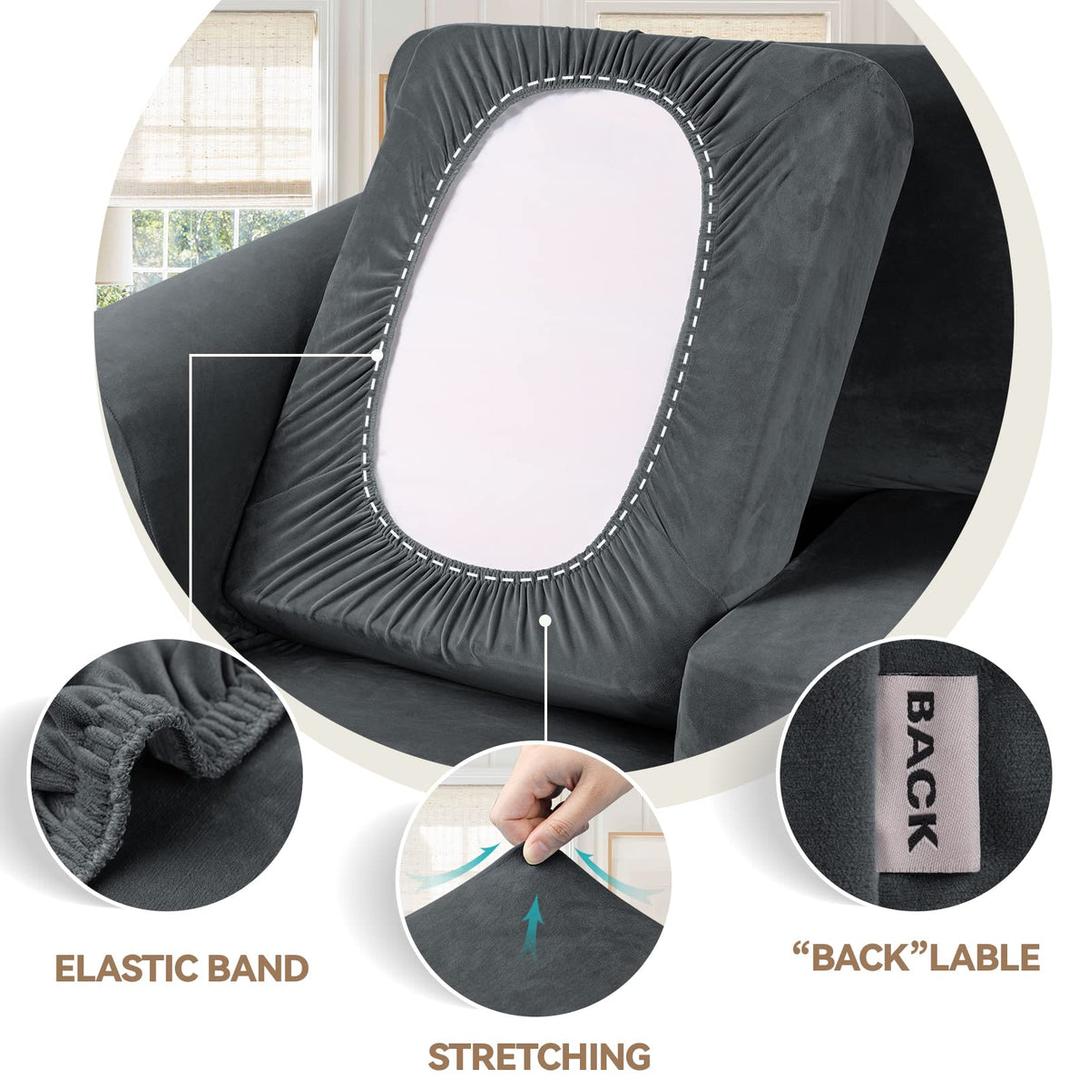 Velvet Stretch 3 Pieces Couch Cover for Sofa Washable, Dark Grey