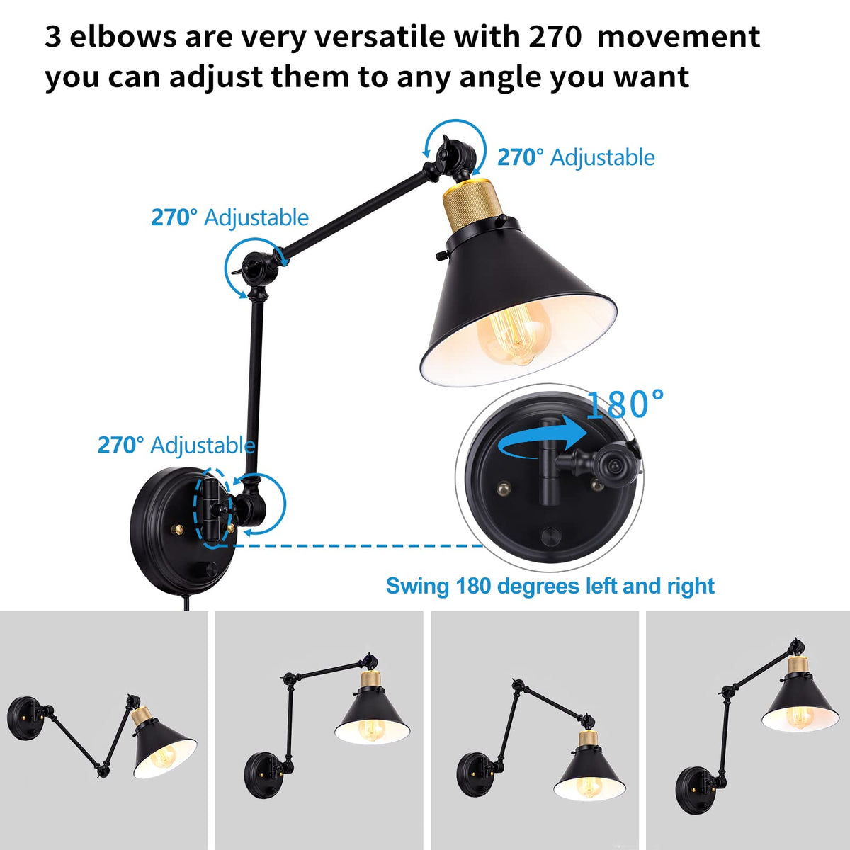 Plug in Wall Sconces, Dimmable Wall Sconce Swing Arm Wall Lights Plug in, Adjustable Wall Mounted Light Wall Lights