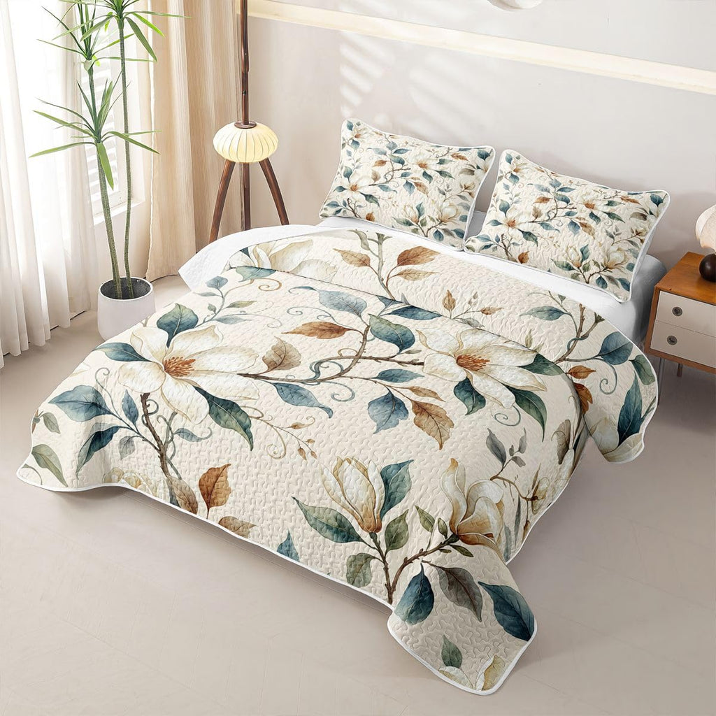 Abstract Floral Quilt Set, French Country Romantic Floral Quilted Coverlet, Retro Farmhouse Style Bedspread