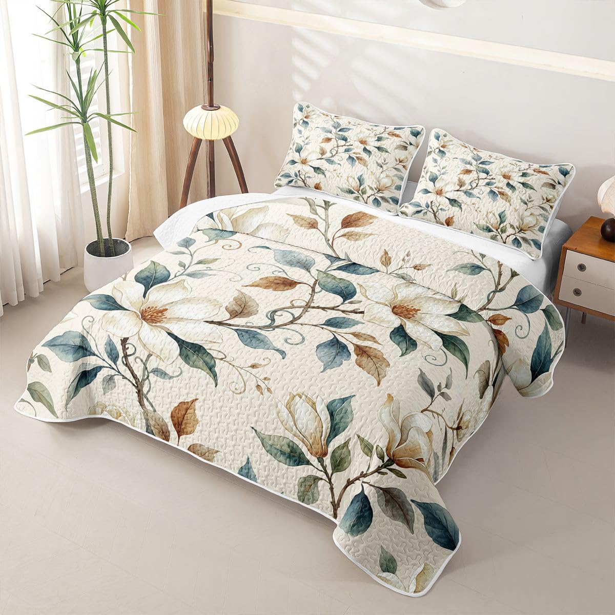 Abstract Floral Quilt Set, French Country Romantic Floral Quilted Coverlet, Retro Farmhouse Style Bedspread