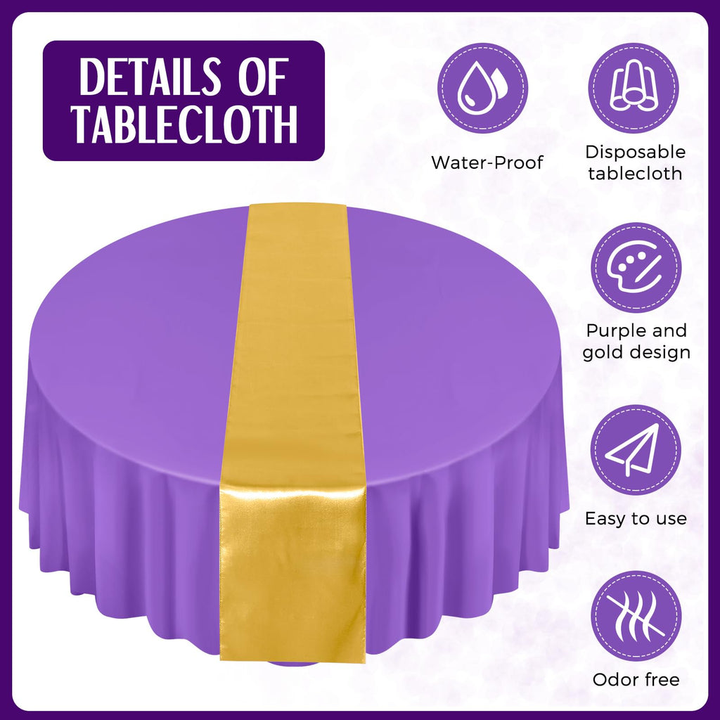 16 Pcs Purple and Gold Round Tablecloth and Satin Runner Set