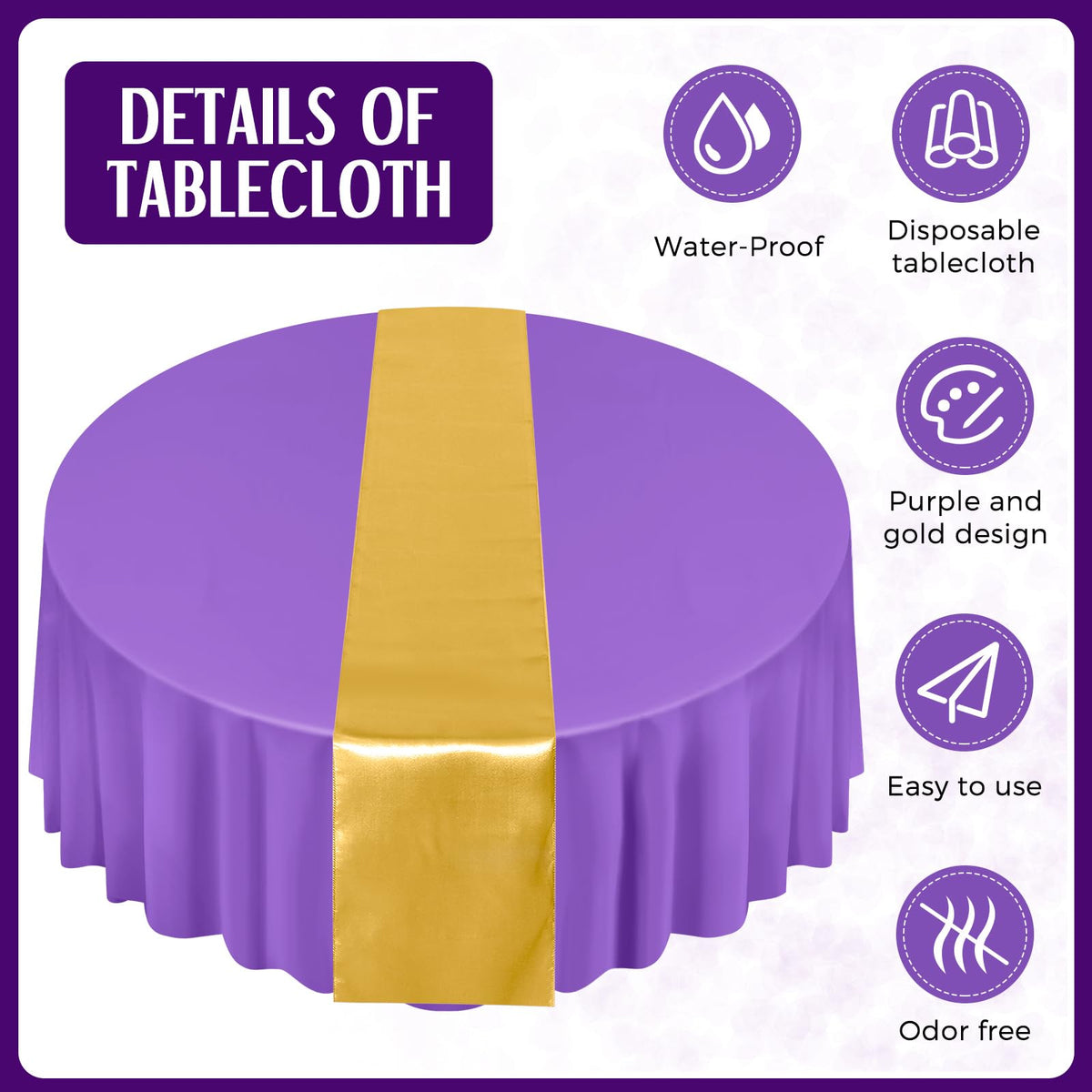16 Pcs Purple and Gold Round Tablecloth and Satin Runner Set